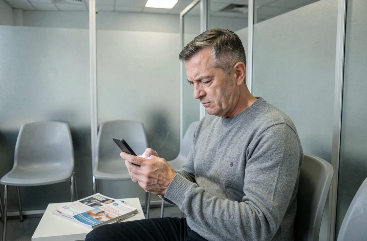Homme recherchant sa mutuelle actuelle sur smartphone dans une salle d'attente