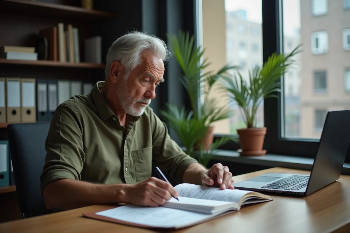 Homme retraité calculant sa retraite nette sur un ordinateur portable avec des notes manuscrites dans un bureau à domicile