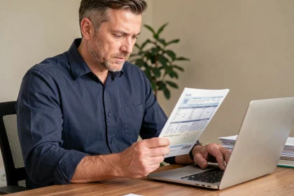 Homme consultant un RIB bancaire sur son bureau avant un virement en ligne FDJ Ptitclic