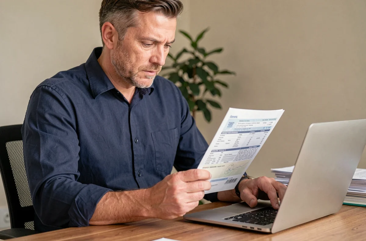Homme consultant un RIB bancaire sur son bureau avant un virement en ligne FDJ Ptitclic