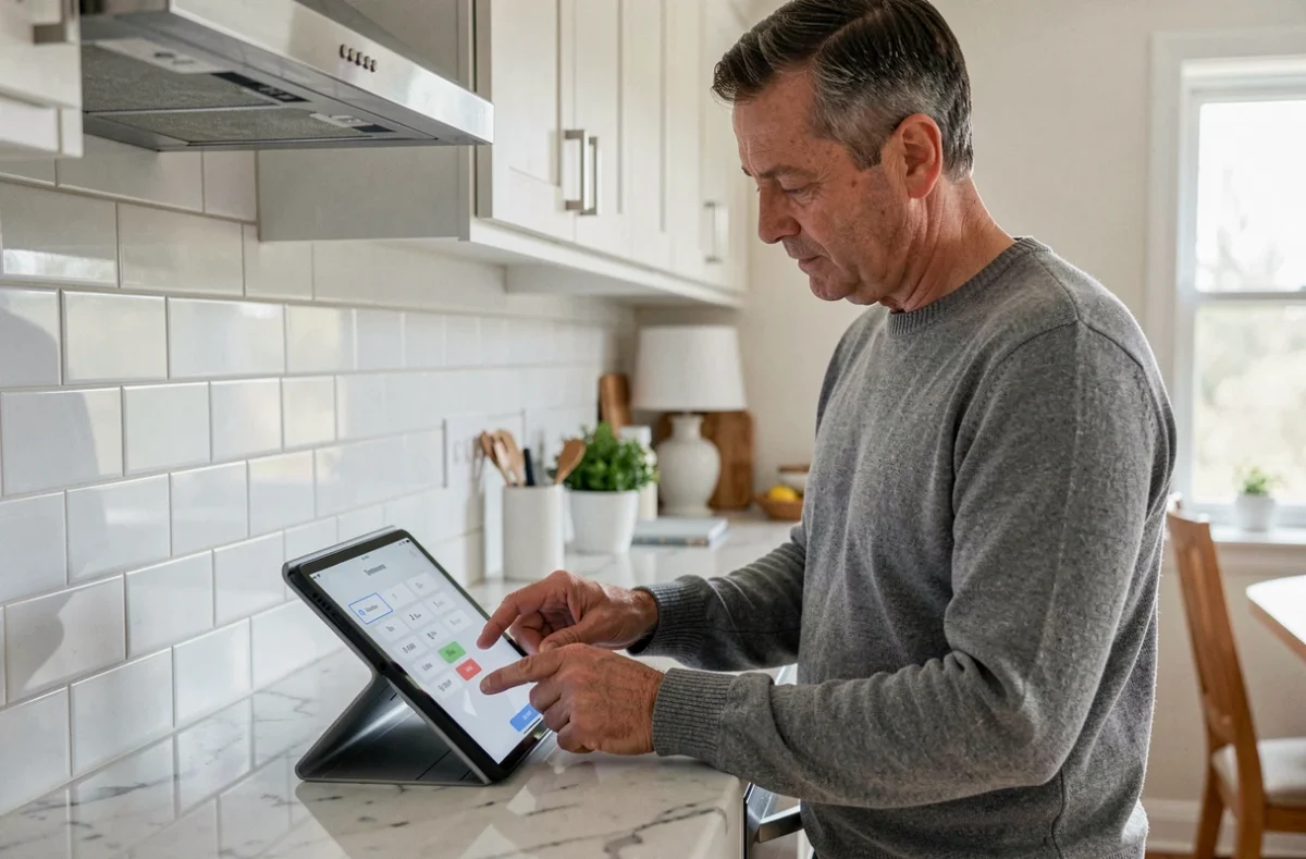 Homme sécurisant ses transactions bancaires en ligne sur une tablette dans sa cuisine