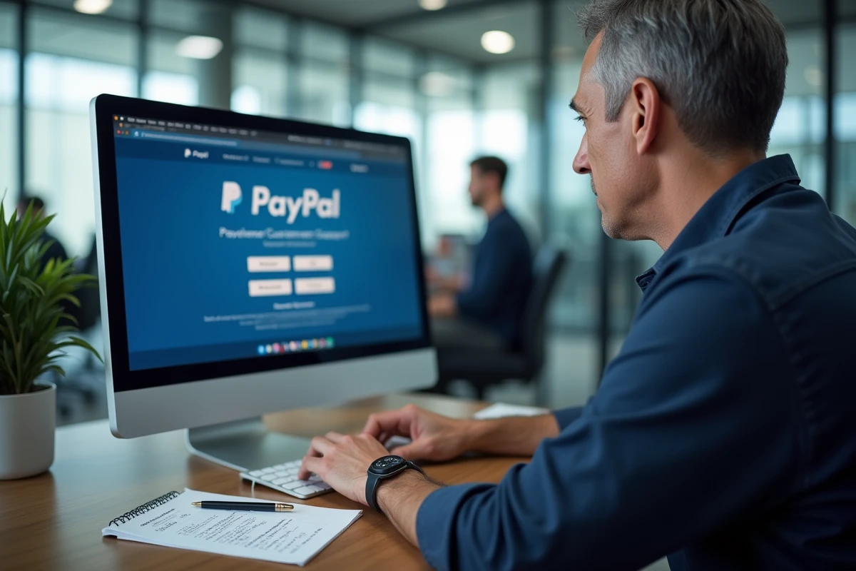 Homme consultant le service client PayPal sur ordinateur de bureau dans un bureau professionnel