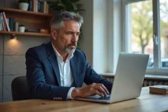 Homme d age en costume examine site internet sur son ordinateur