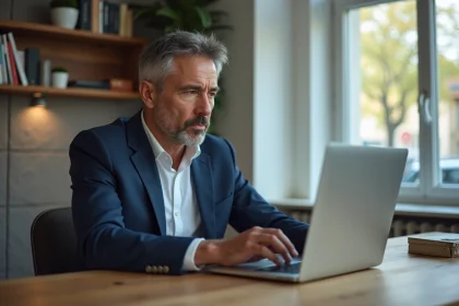 Homme d age en costume examine site internet sur son ordinateur