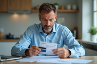 Homme stressé regardant sa carte bancaire et reçu de paiement