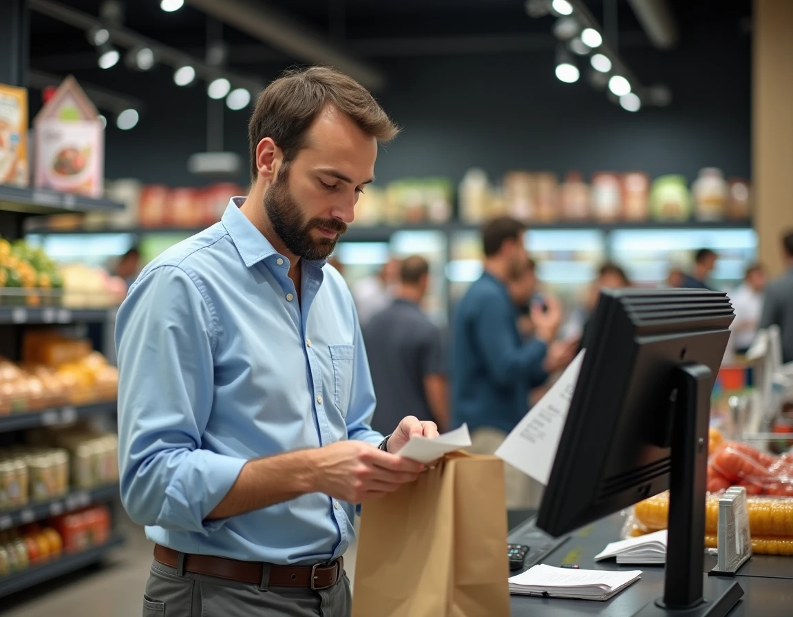 Homme vérifiant ses dépenses quotidiennes dans un supermarché français, symbolisant le pouvoir d'achat et le niveau de vie