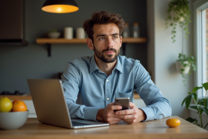 Homme en casual travaillant avec ordinateur et smartphone