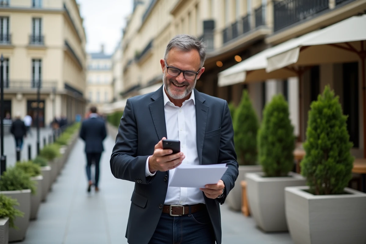 Homme souriant en ext&eacute;rieur sur une terrasse urbaine &agrave; Paris