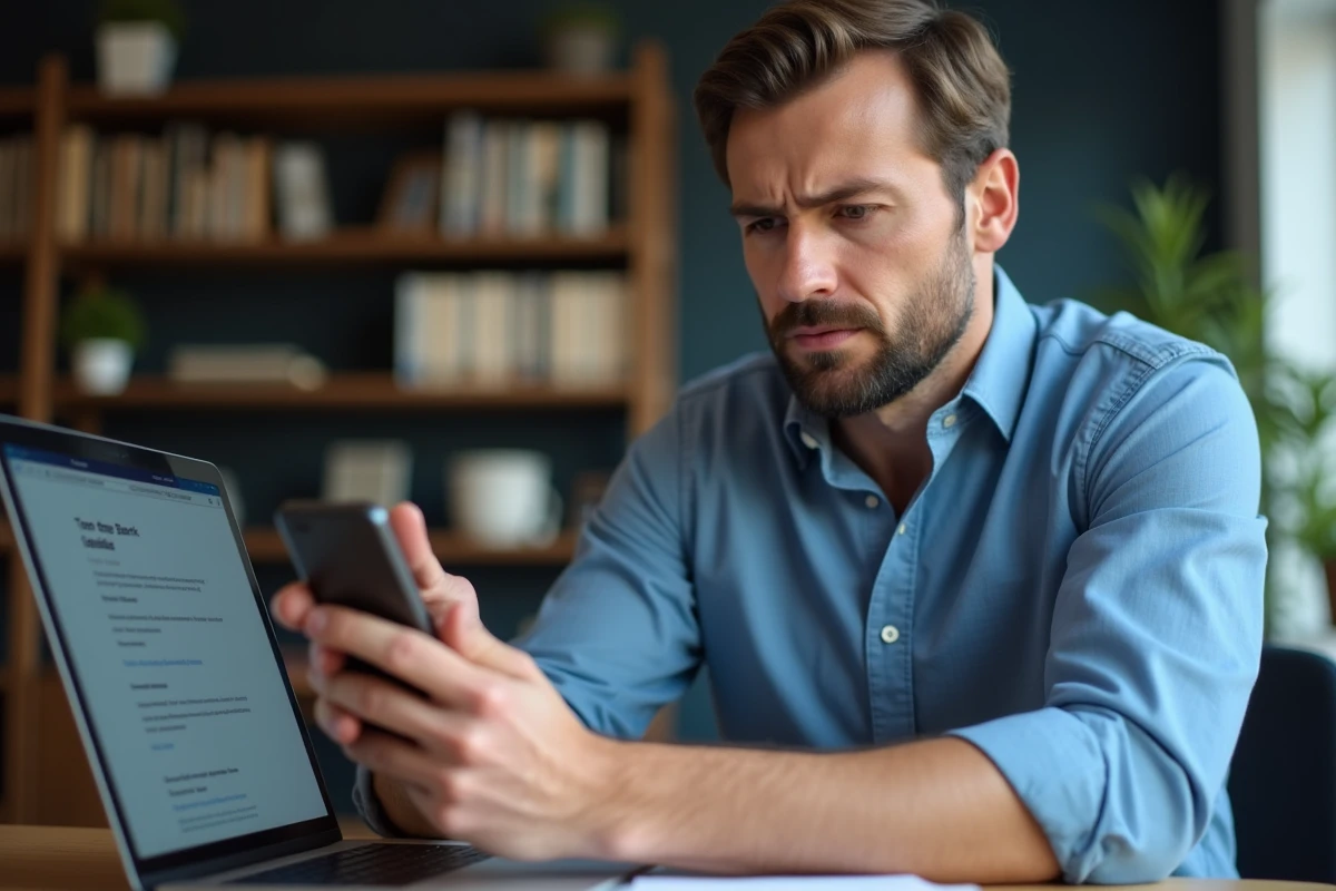 Homme vérifiant un bug de l'application bancaire Caisse d'Epargne sur son téléphone et son ordinateur portable dans un bureau à domicile