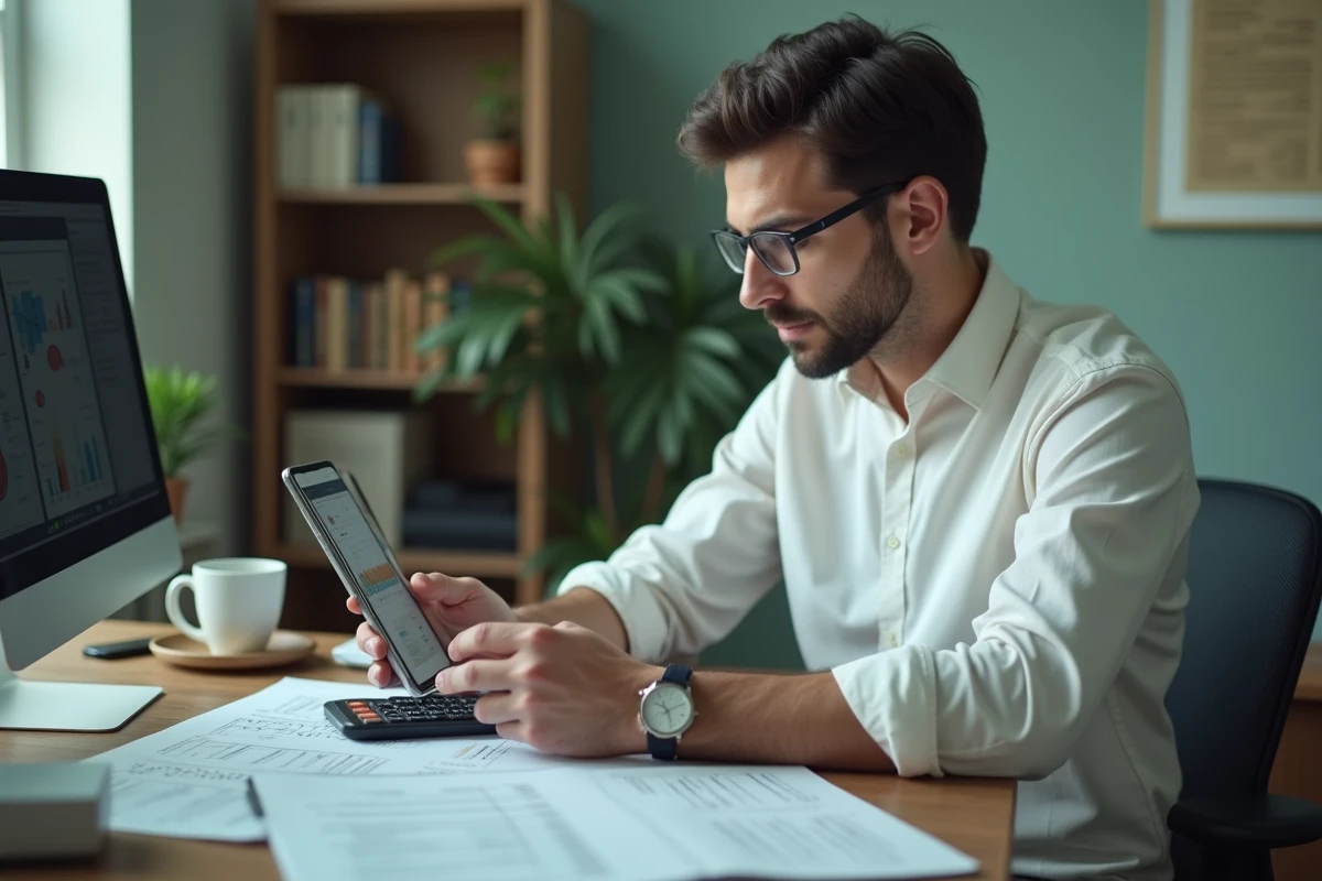 Homme vérifiant ses documents fiscaux et l'historique de ses transactions Vinted sur smartphone avant la déclaration 2026