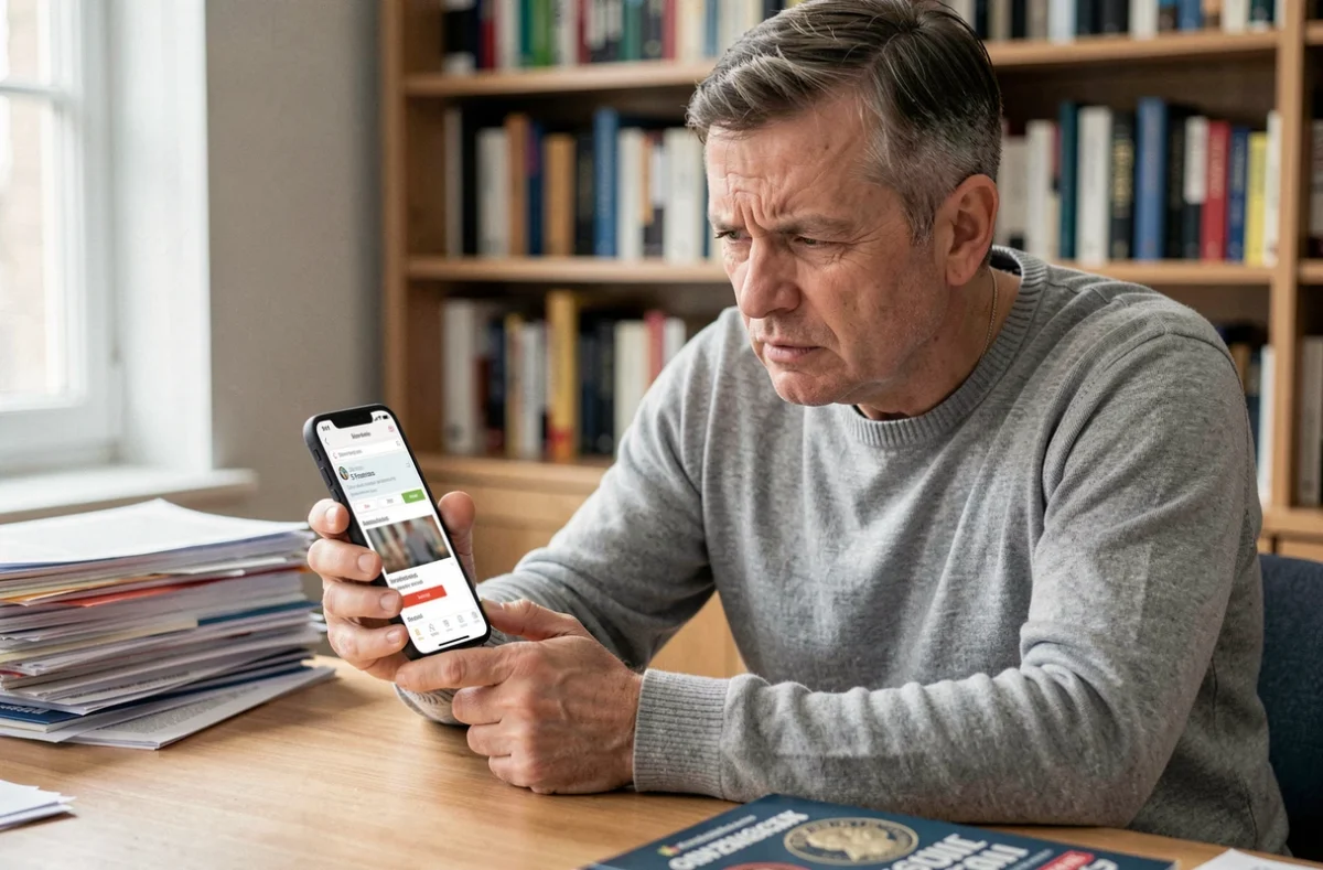 Homme examinant avec scepticisme une annonce en ligne suspecte pour une pièce de 5 francs 1960 sur smartphone