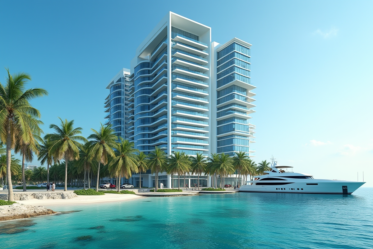 Bâtiment moderne dans un district financier tropical avec palmiers et yachts
