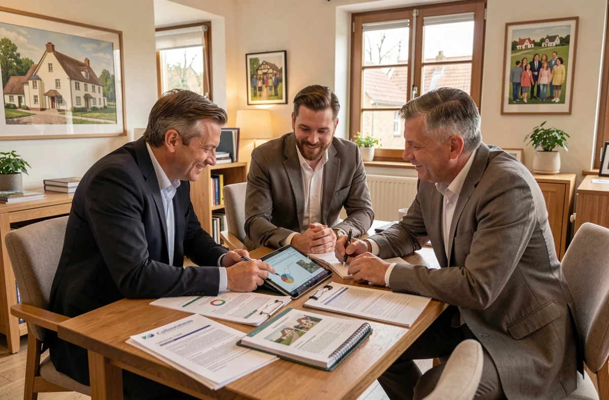 Équipe coopérative de courtiers IN&FI Crédits Calvados collaborant sur un dossier de financement immobilier