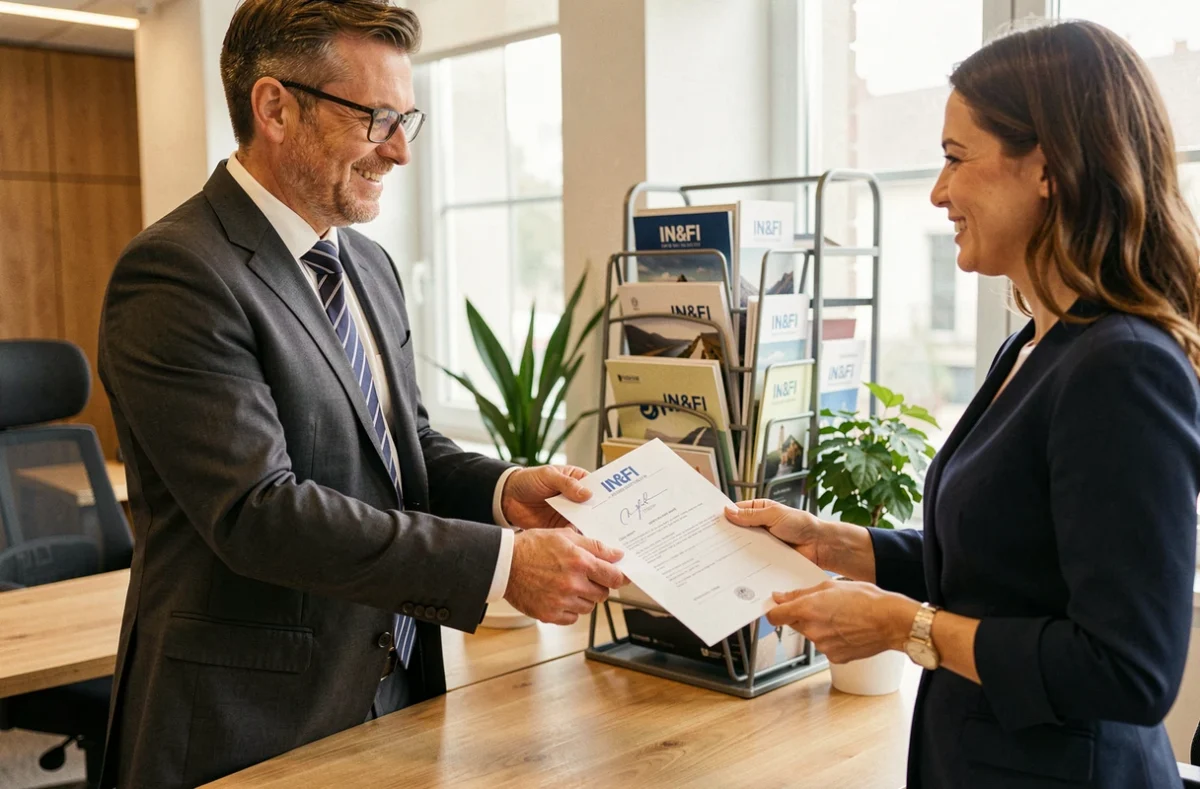 Courtier IN&FI Crédits Chartres remettant une offre de prêt immobilier validée à une cliente satisfaite