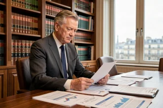 Homme influent en costume sombre assurant la lecture de documents financiers dans une salle de réunion parisienne luxueuse