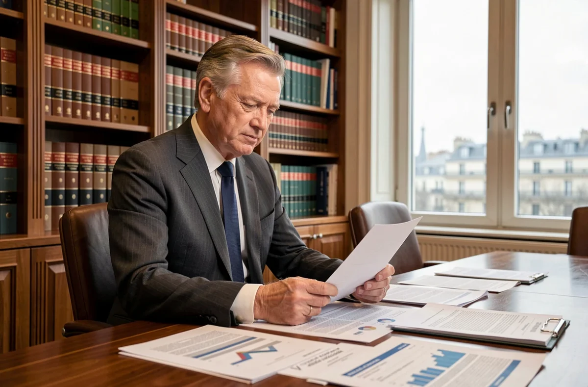 Homme influent en costume sombre assurant la lecture de documents financiers dans une salle de réunion parisienne luxueuse