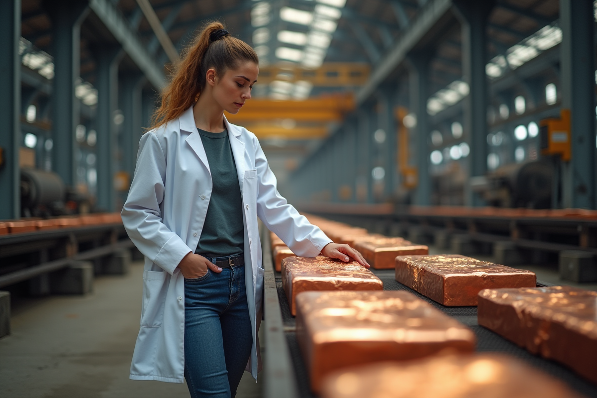 Jeune femme métallurgiste inspecte lingots de cuivre dans la raffinerie