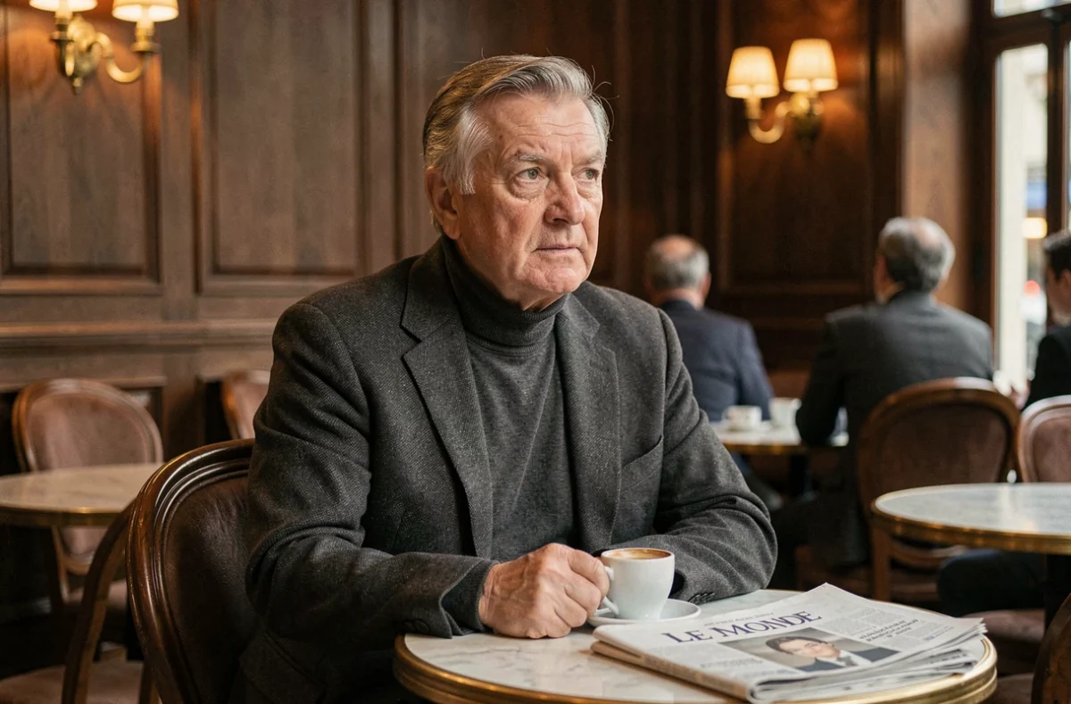 Portrait d'un intellectuel influent attablé dans une brasserie parisienne avec journal et espresso, évoquant les réseaux d'opinion