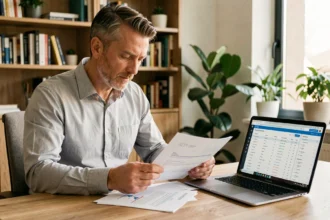 Homme de 40 ans analysant des documents d'investissement en SCPI à son bureau à domicile
