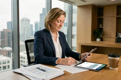 Femme cadre analysant des documents d'investissement en SCPI en nue-propriété dans un bureau moderne