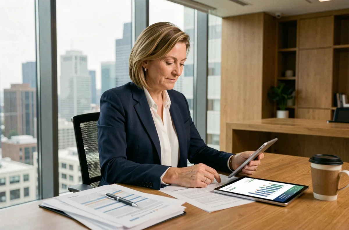 Femme cadre analysant des documents d'investissement en SCPI en nue-propriété dans un bureau moderne
