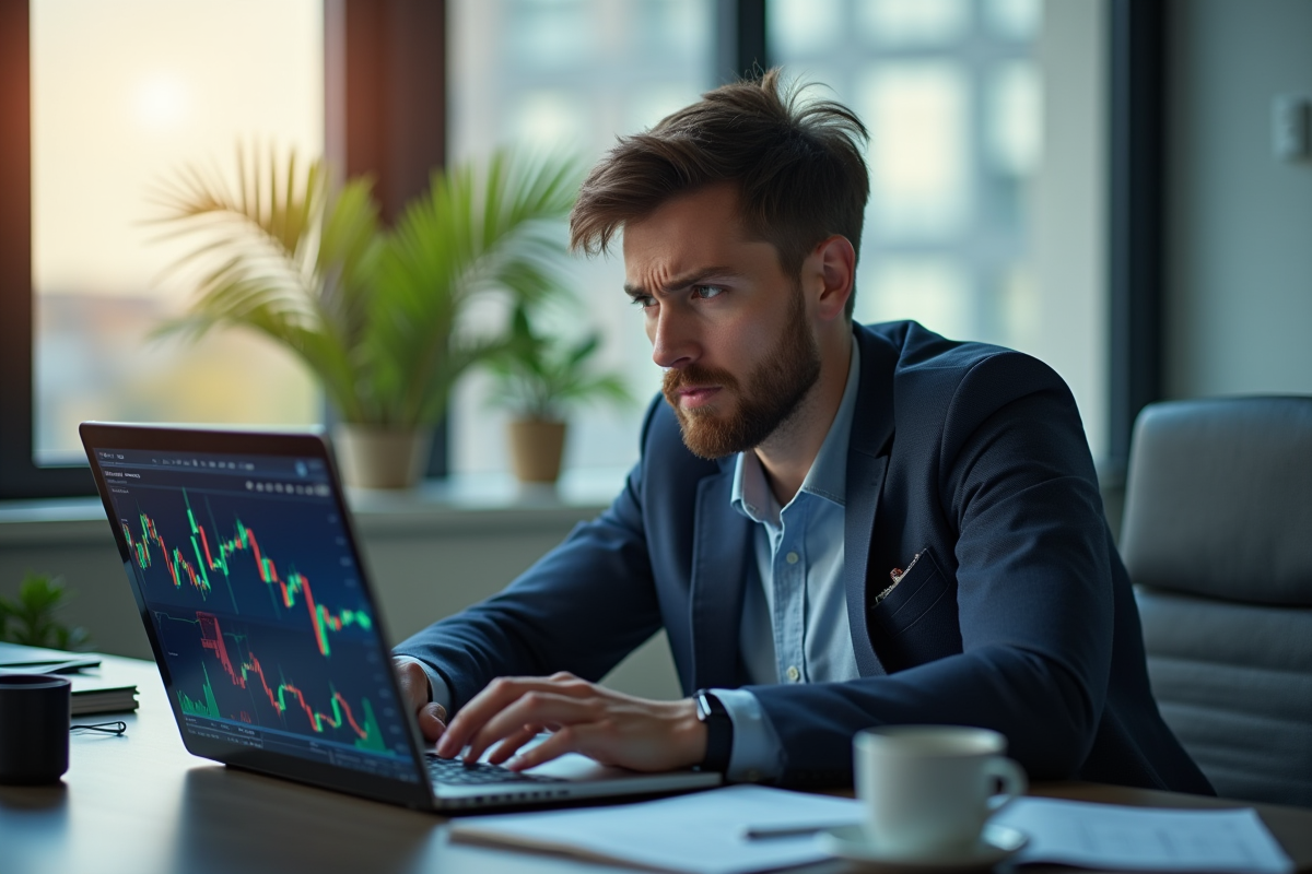 Investisseur inquiet analysant des graphiques financiers sur un ordinateur portable