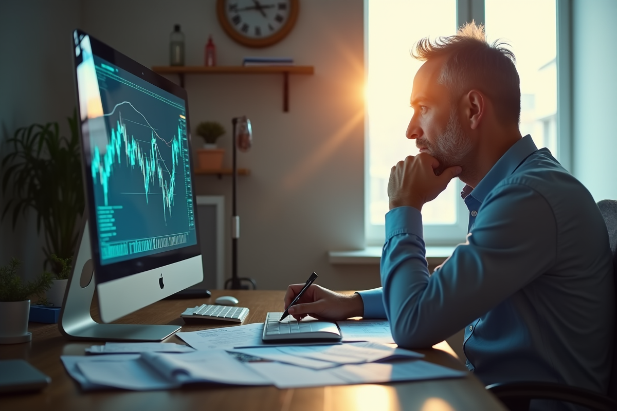 Investisseur d'âge moyen analysant un graphique boursier sur un ordinateur lumineux