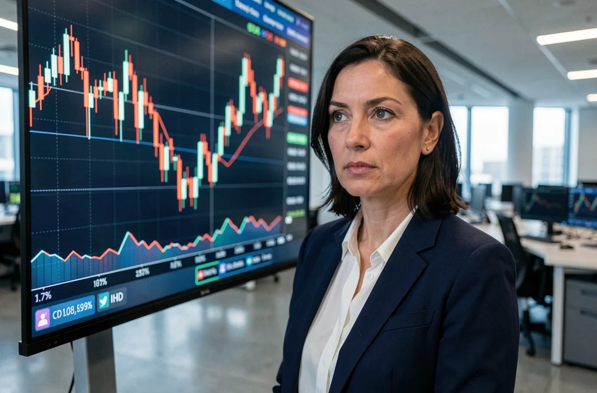 Investisseure analysant des courbes boursières en baisse sur écran de trading, illustrant les scénarios de dilution ou retournement d'Europlasma pour 2026