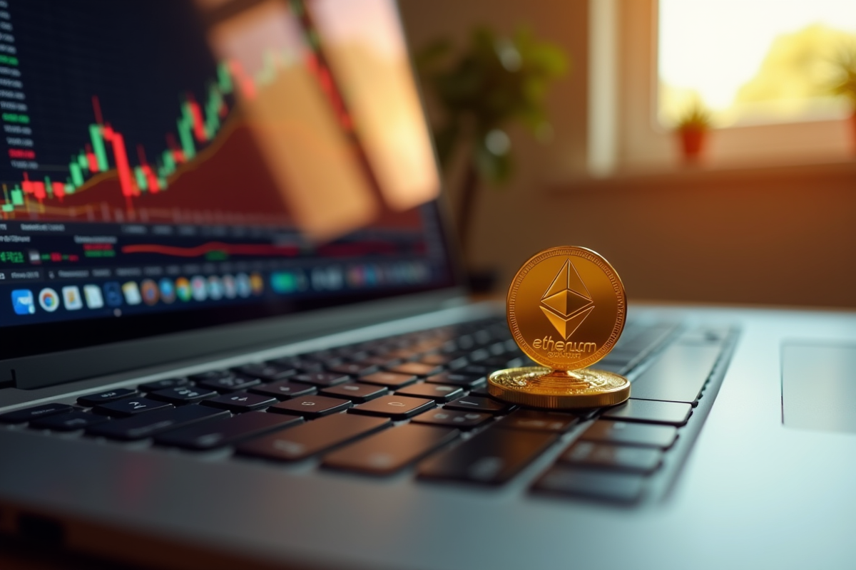 Jeton Ethereum brillant sur clavier d'ordinateur avec graphiques financiers