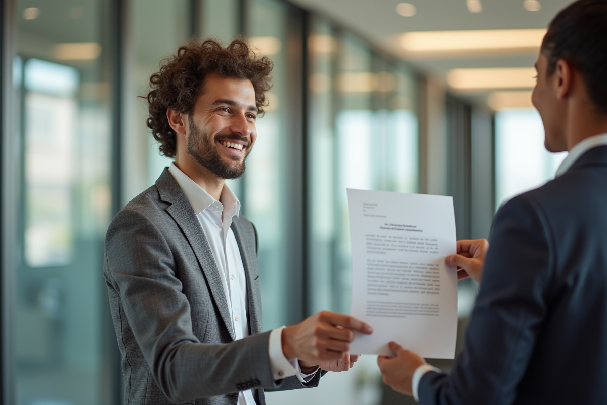 Jeune adulte confiant remettant des documents importants