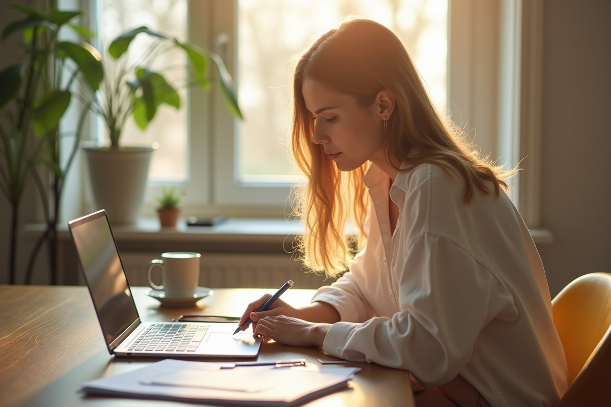 Jeune adulte travaillant à un bureau lumineux et paisible