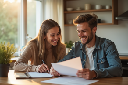 Jeune couple souriant à la cuisine avec documents