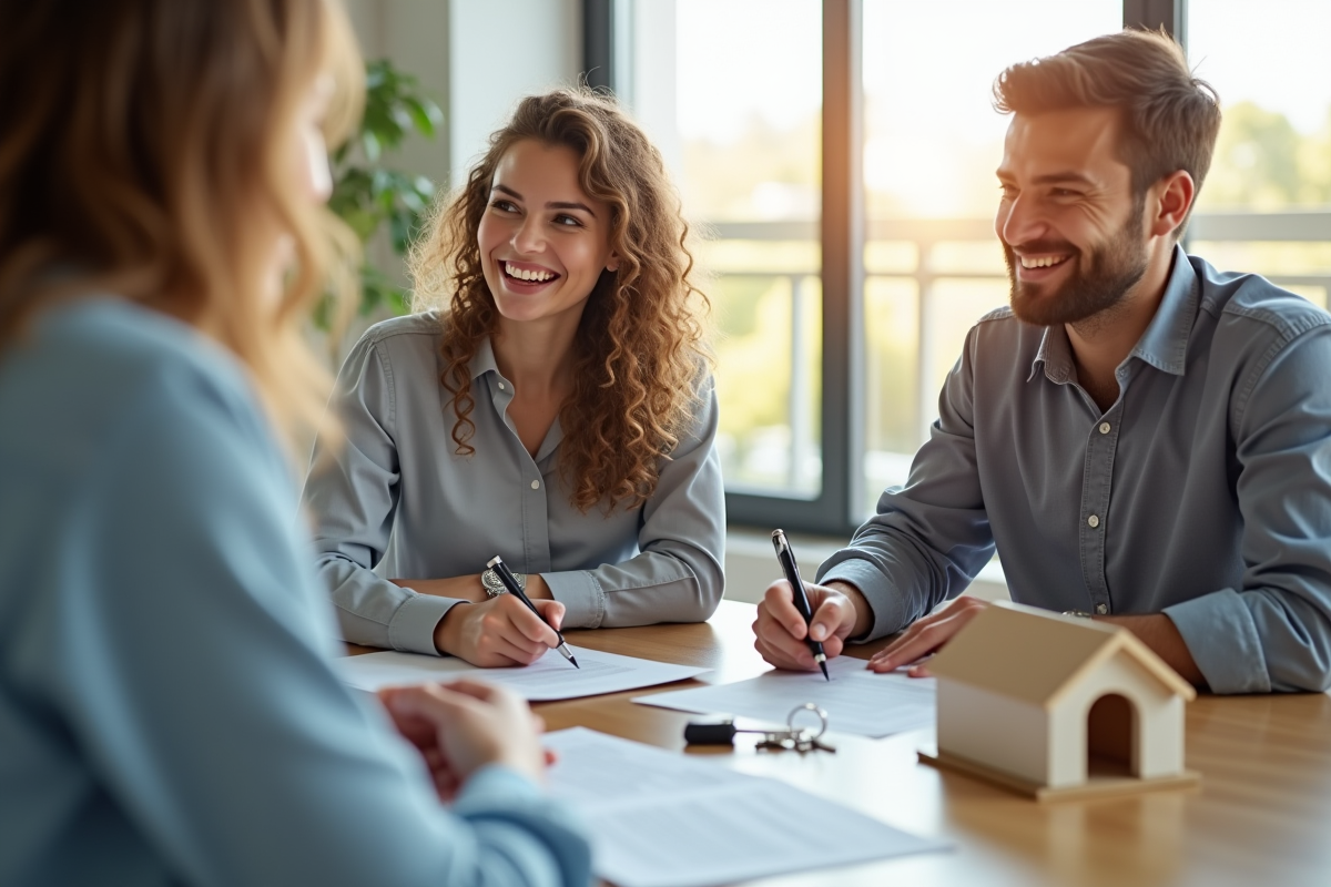 Jeune couple souriant signant un prêt immobilier dans un bureau lumineux