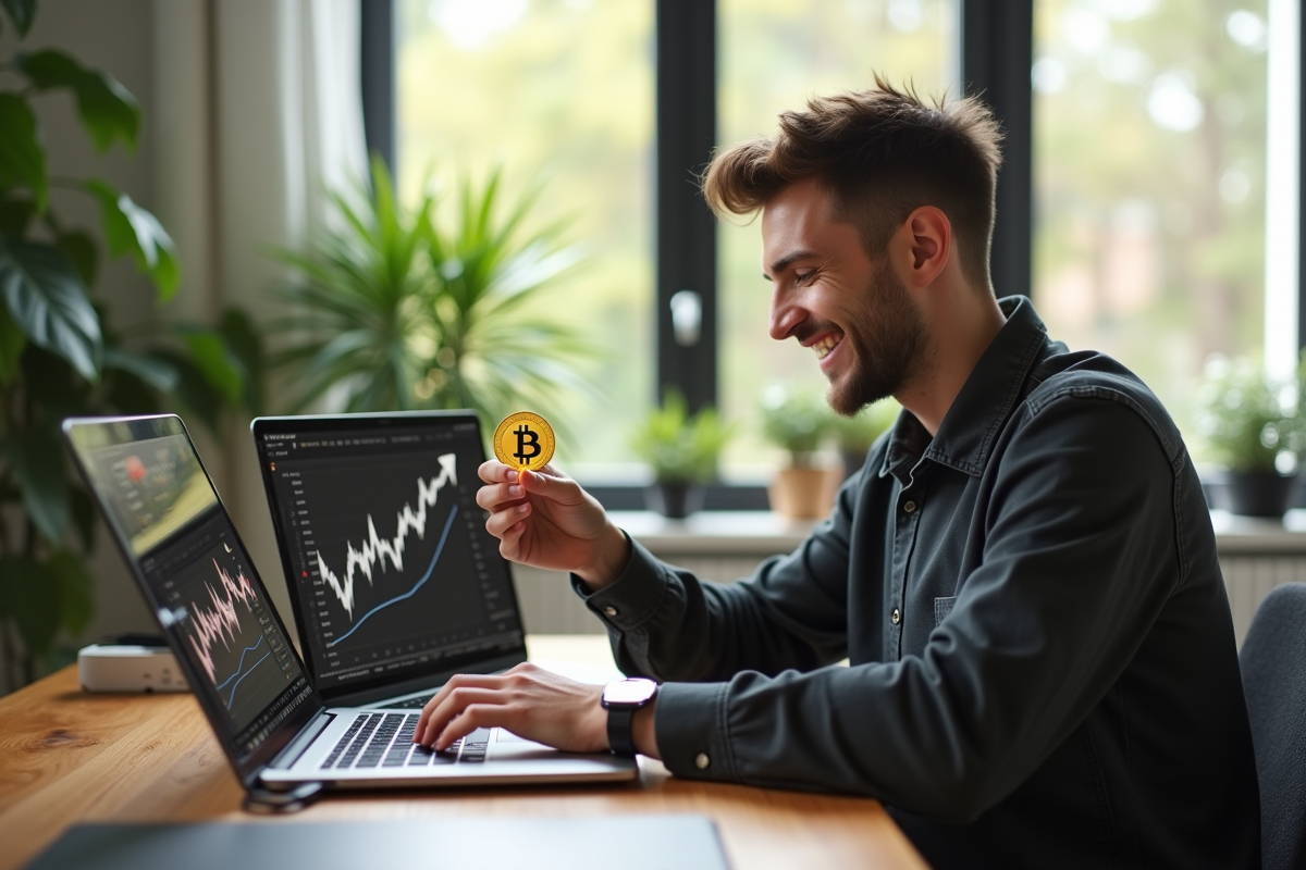 Jeune entrepreneur souriant avec bitcoin dans un bureau moderne