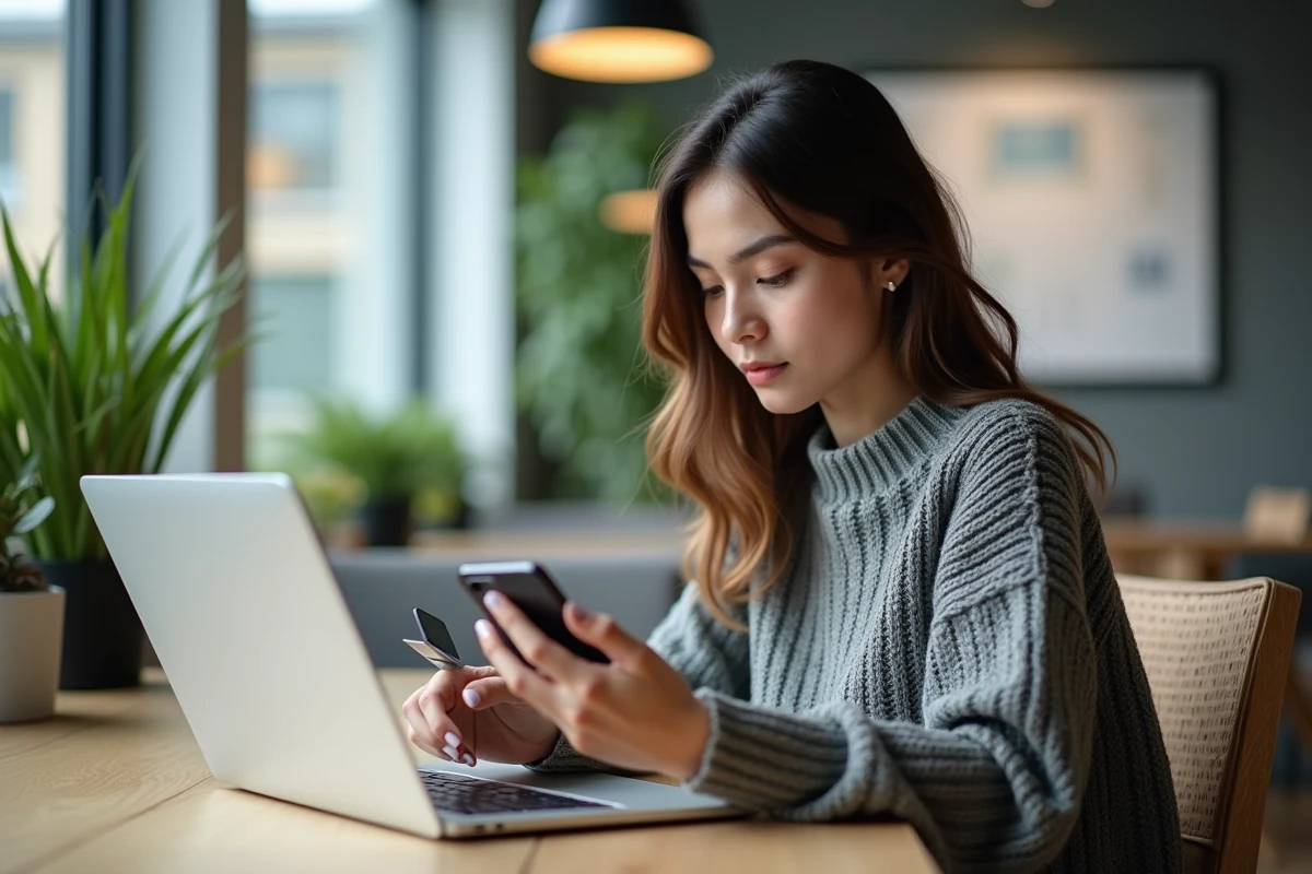 Jeune femme avec carte et smartphone dans espace de coworking