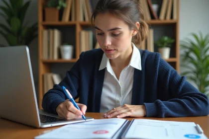 Jeune femme en comptabilite dans un bureau cosy
