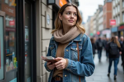 Jeune femme comptant des euros devant un kiosque &agrave; Dublin