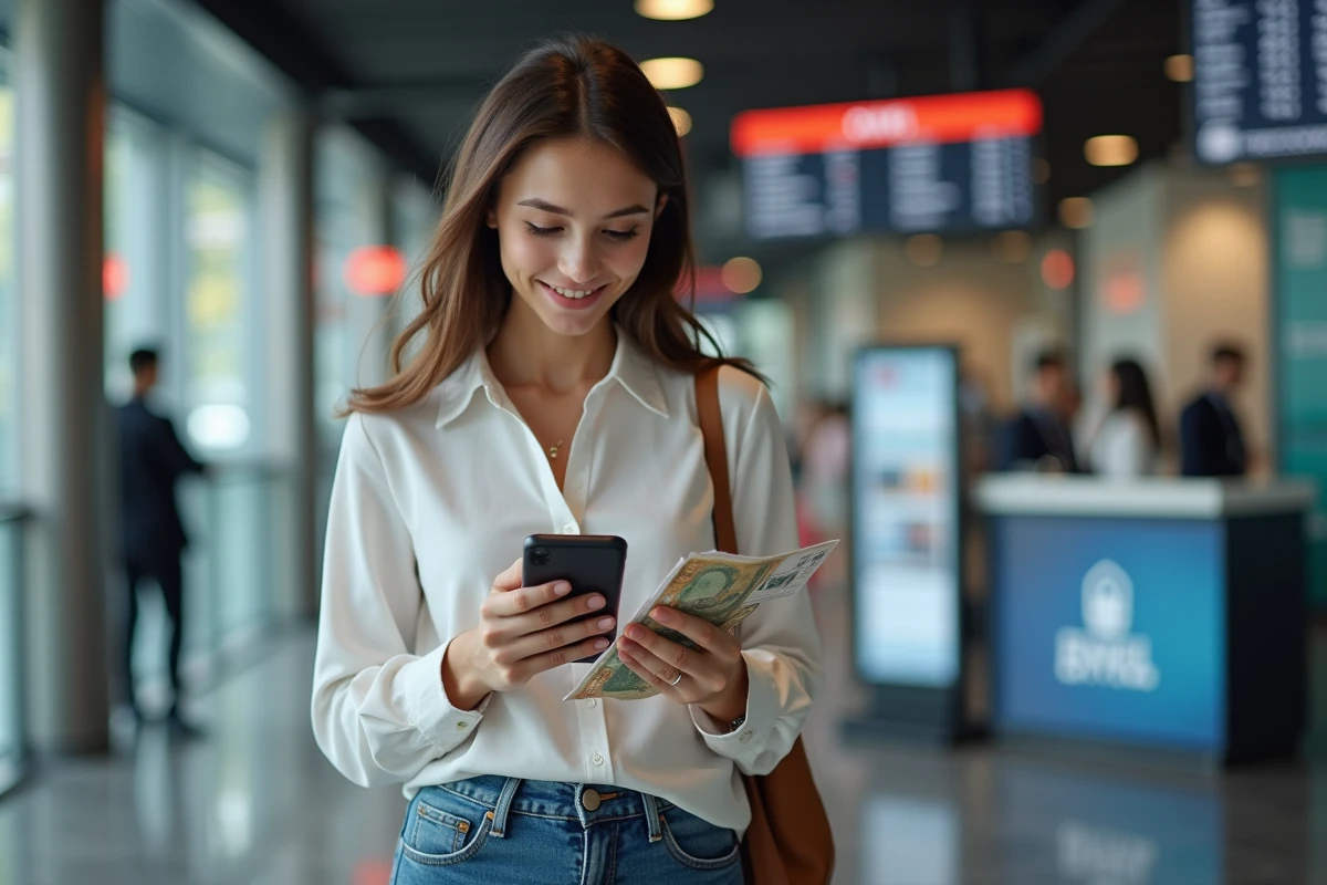 Jeune femme v&eacute;rifiant les taux de change avec son smartphone