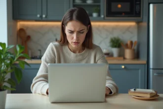 Jeune femme anxieuse travaillant sur son ordinateur dans la cuisine
