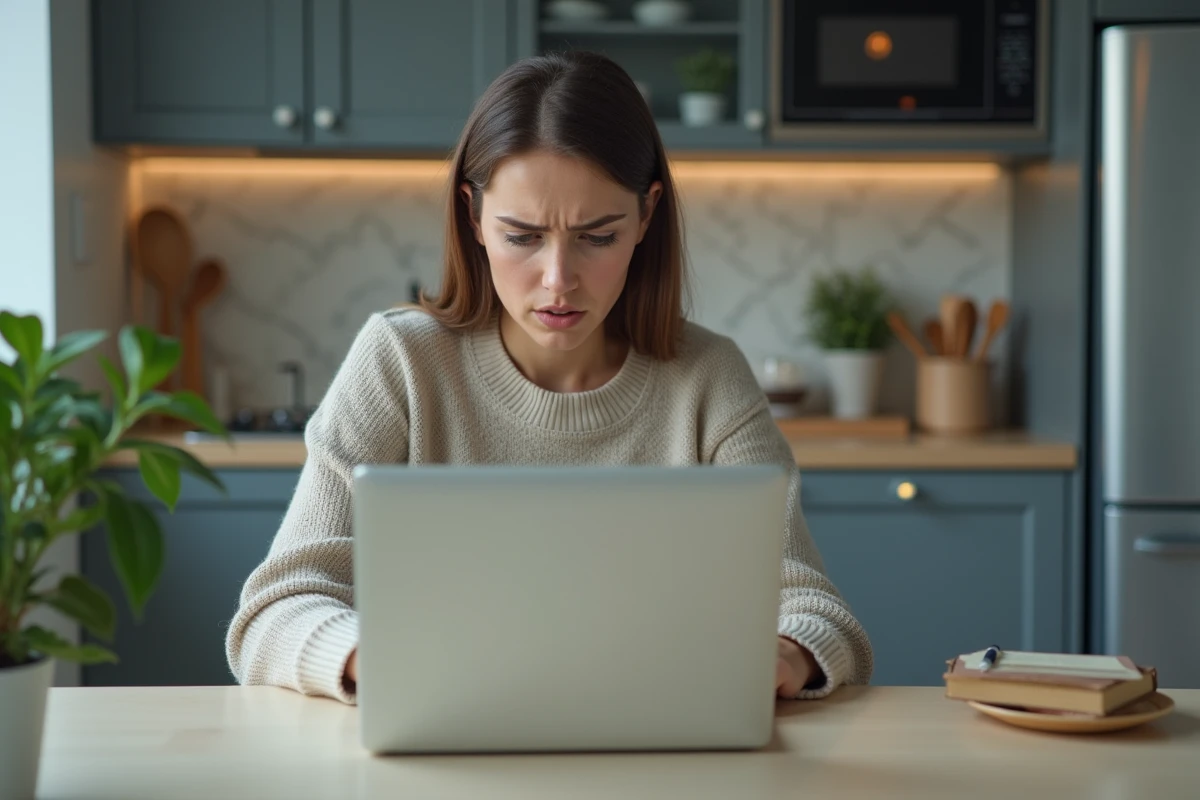 Jeune femme anxieuse travaillant sur son ordinateur dans la cuisine