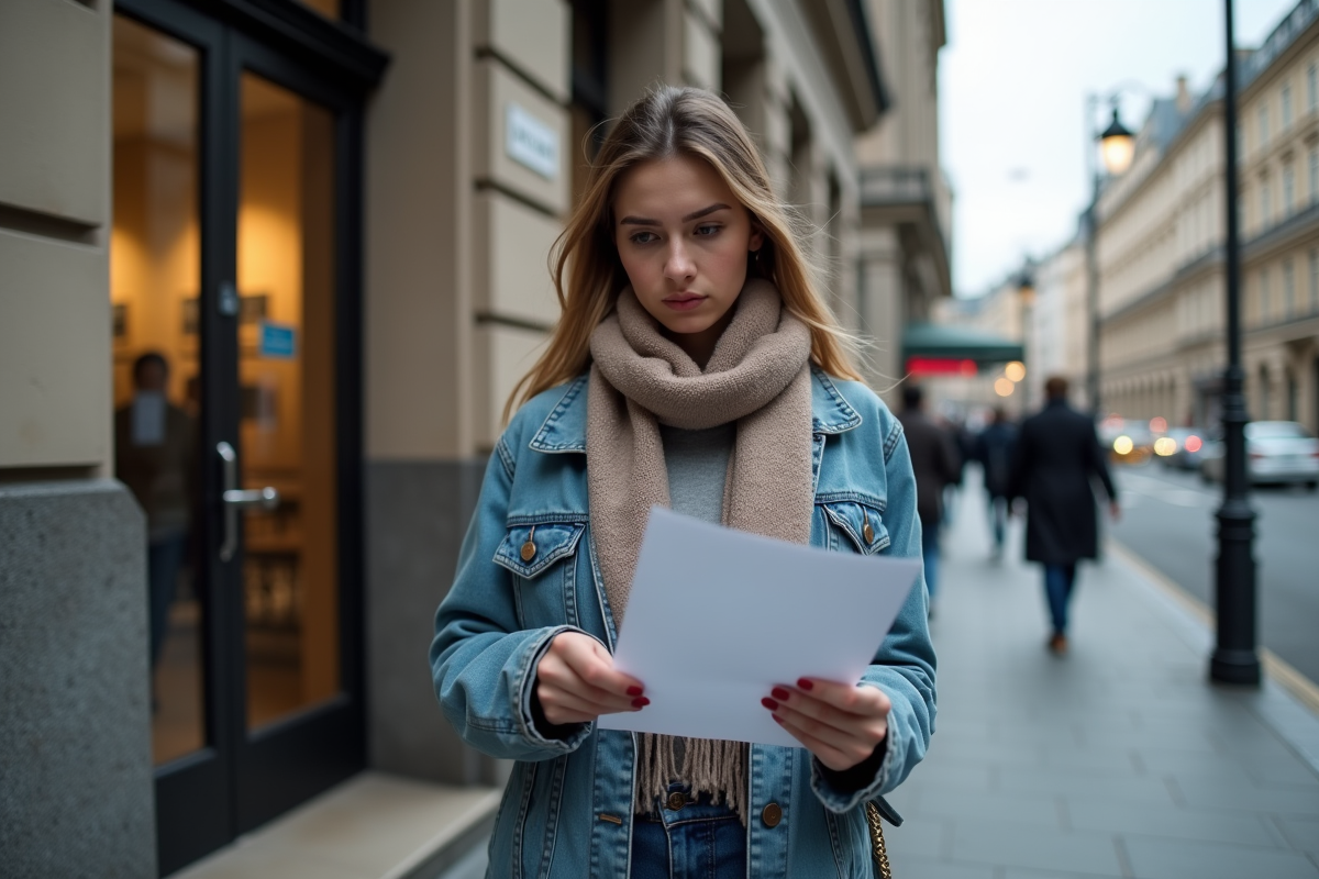 Jeune femme dehors devant une banque regardant des documents rejetes