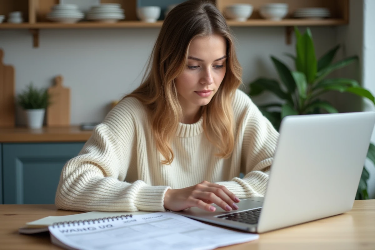 Jeune femme v&eacute;rifiant ses documents fiscaux &agrave; la maison