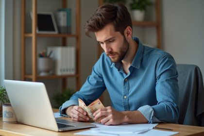 Jeune homme comptant des billets d euro dans un appartement