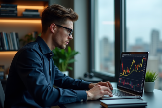 Jeune homme en bureau moderne regardant des graphiques de chandeliers