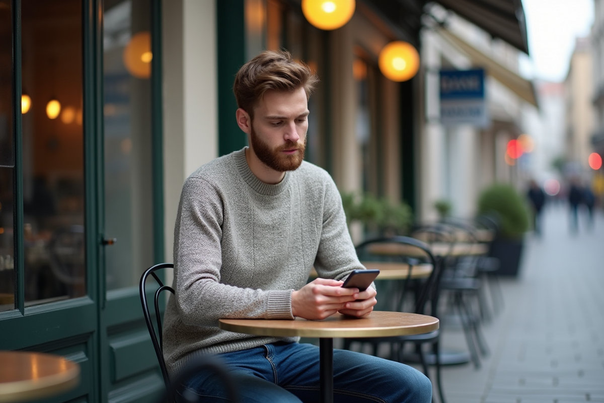 Jeune homme au café utilisant son smartphone et sa carte bancaire