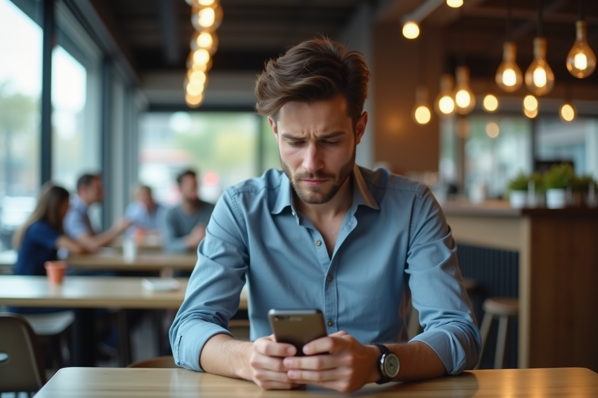 Jeune homme au smartphone dans un café urbain moderne