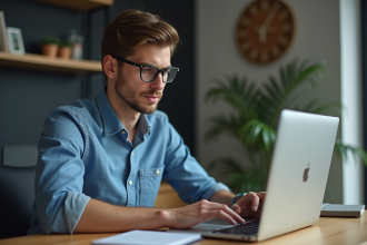Jeune homme analysant graphiques de cryptomonnaie à son bureau