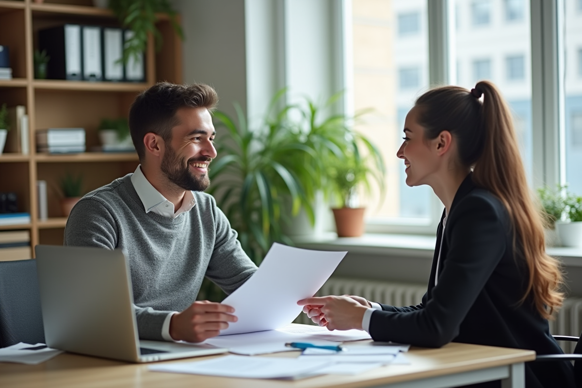 Jeune homme souriant discutant avec une femme dans un bureau lumineux