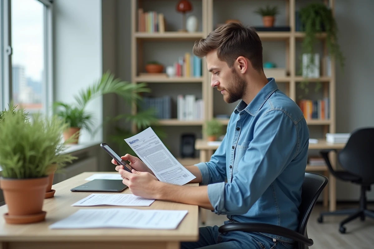 Jeune homme utilisant son smartphone dans un bureau moderne