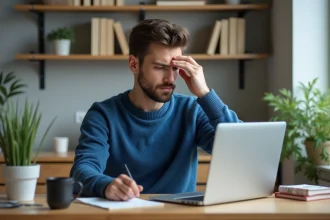 Jeune homme concentré sur son ordinateur dans un appartement minimaliste